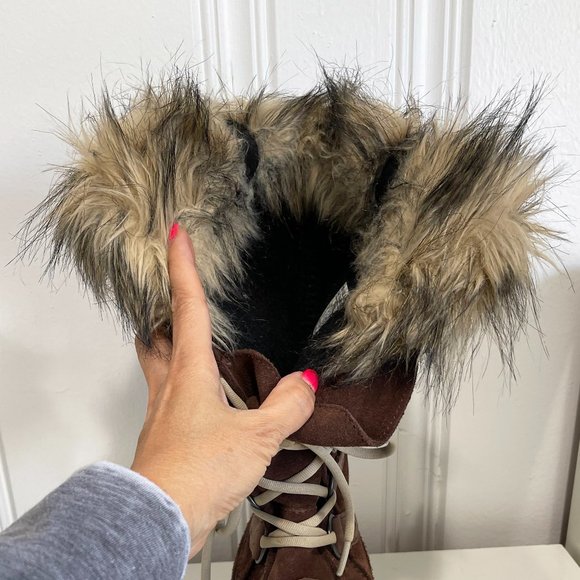😍 SOREL WOMAN JOAN OF ARCTIC SNOW BOOTS BORWN WATERPROOF SUEDE FAUX FUR TOP 😘 - Picture 10 of 13
